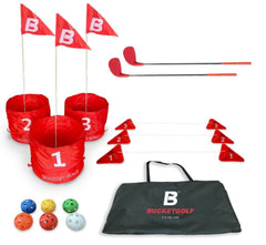 bucketgolf original game 3-hole travel set in its compact carry bag for portability.