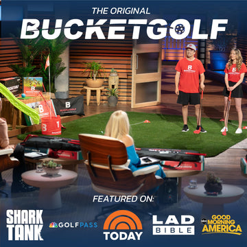 two players enjoy bucketgolf in a sunny backyard, easy to learn.