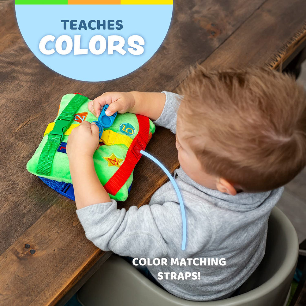 Buckle Toys Buster Square with six buckles and clasps to build dexterity.