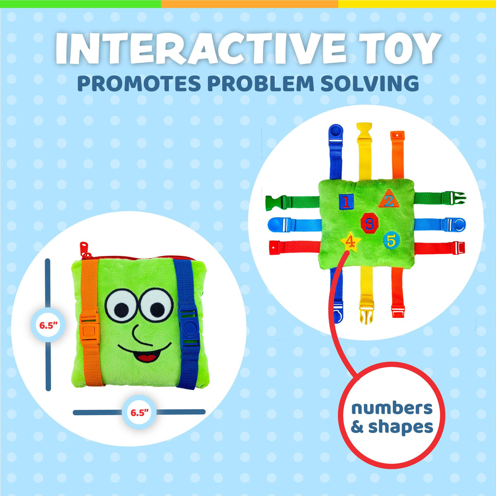 Buckle Toys Buster Square clipped to a stroller for travel-friendly learning.
