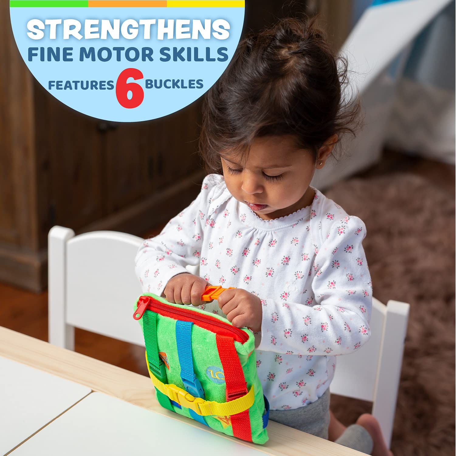 Buckle Toys Buster Square close-up of zipper pocket for sensory exploration.