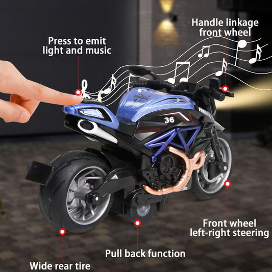 BUDARUNS 1:12 scale pull-back motorcycle with lights and sounds for kids.