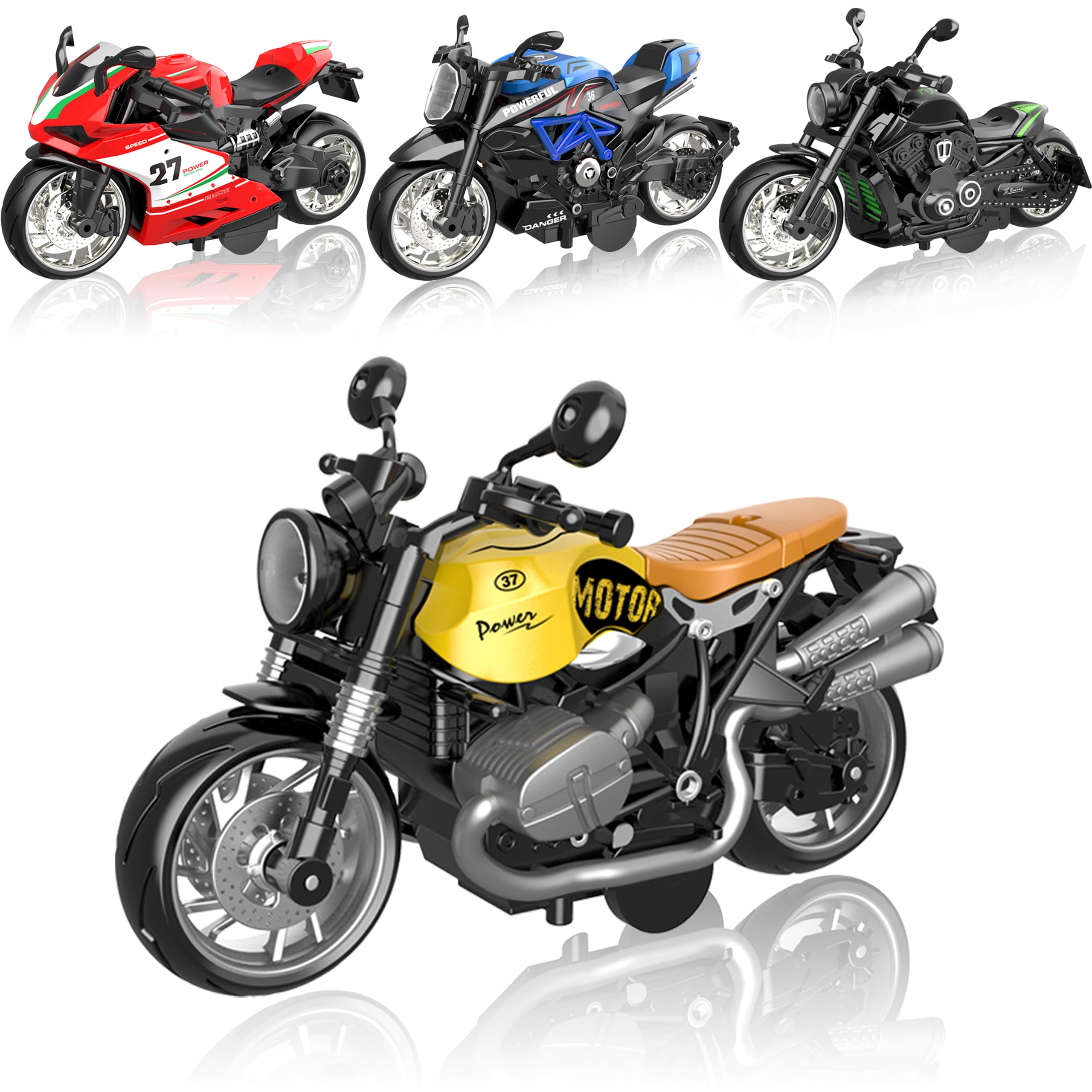 BUDARUNS 4-pack friction-powered alloy motorcycle toy for durable play and collection.