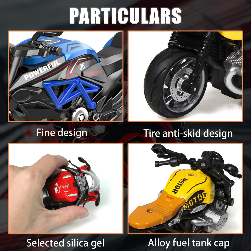BUDARUNS rubber-tire detail on a miniature motorcycle for realism.