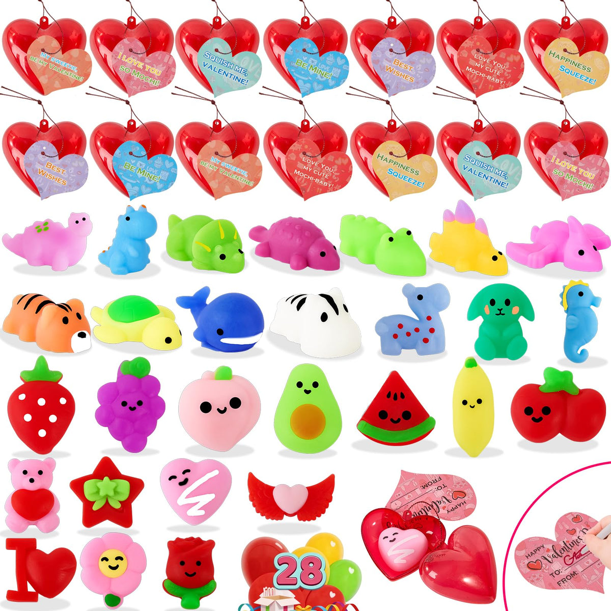 Budbof 28-pack valentines gifts set with mochi squishies for classroom exchanges, encouraging sharing and play.