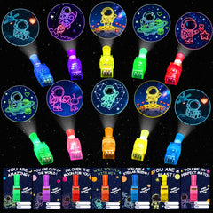 Budbof LED finger light with rocket pattern on Valentine card for classroom party giveaway.
