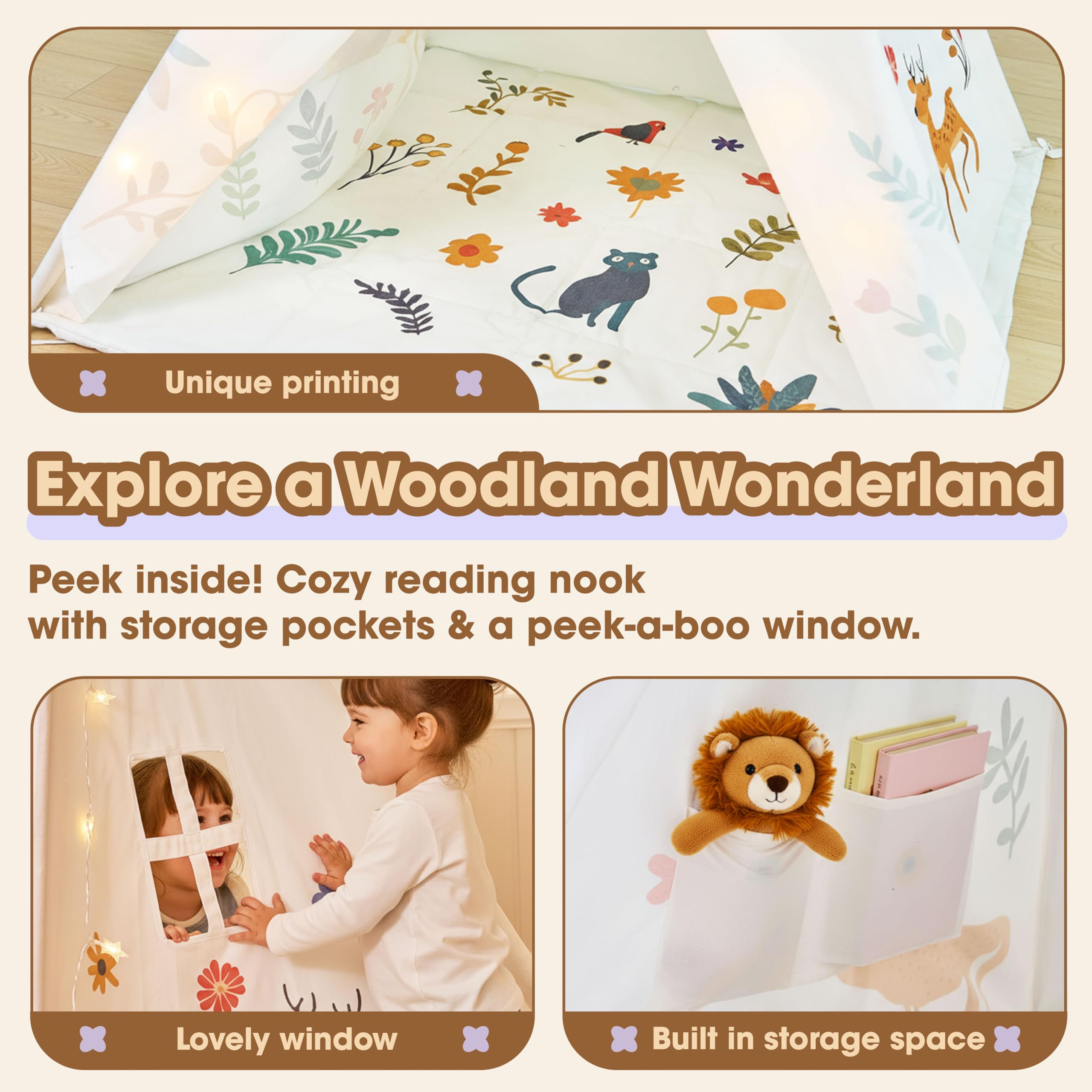 BUDDGO teepee tent mesh window improves airflow while keeping toys visible.
