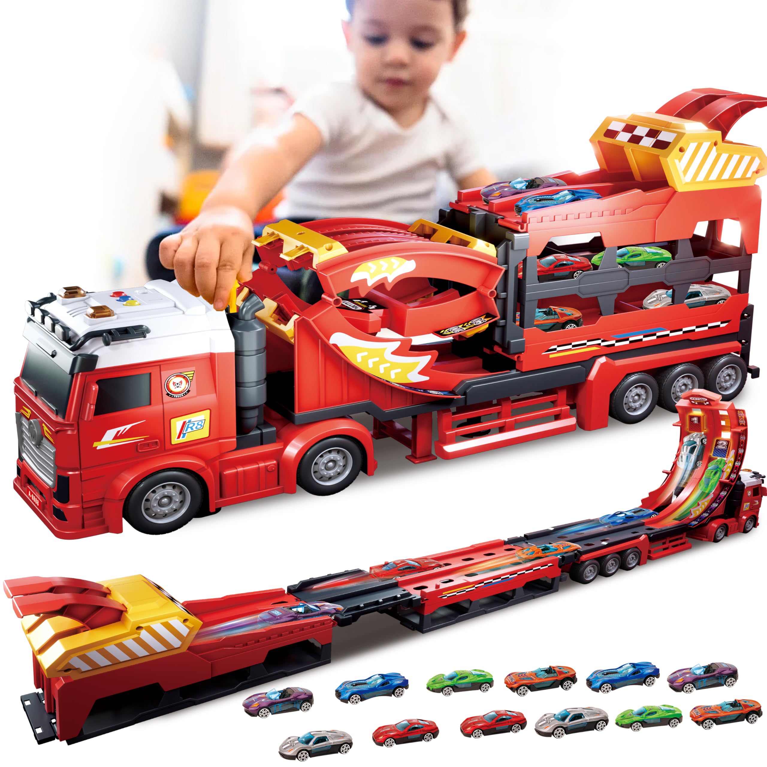 BuddyBight 3in1 Carrier Truck Race Track with twin lanes for competitive play.