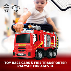 BuddyBight 3in1 fire truck unfolds into a longer race track for extended play.