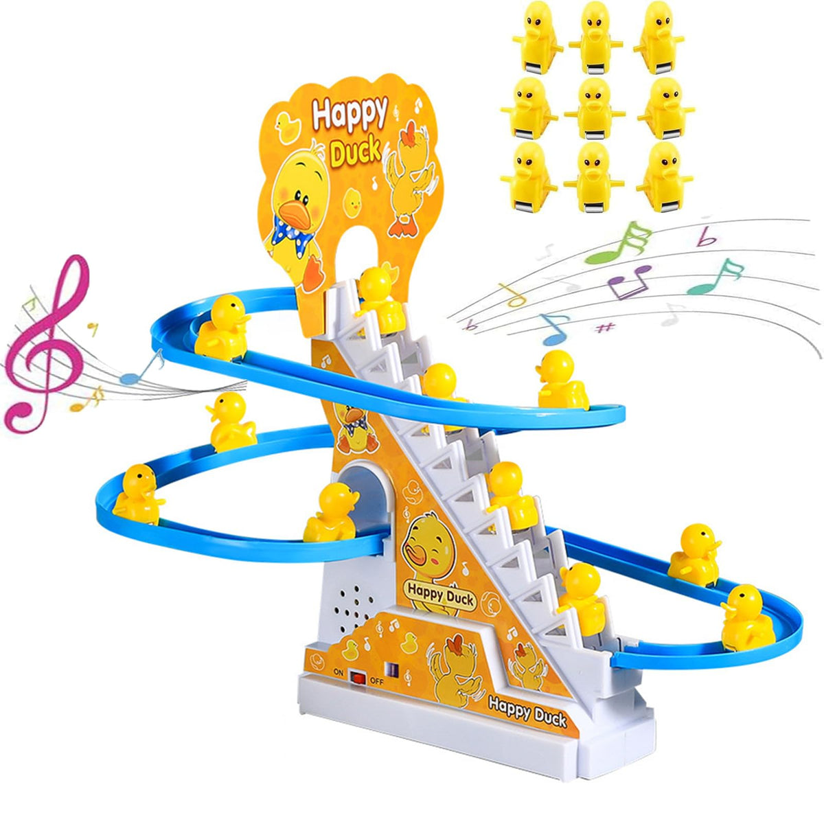 BuerKeo small ducks climbing toy with colorful track for curious kids.