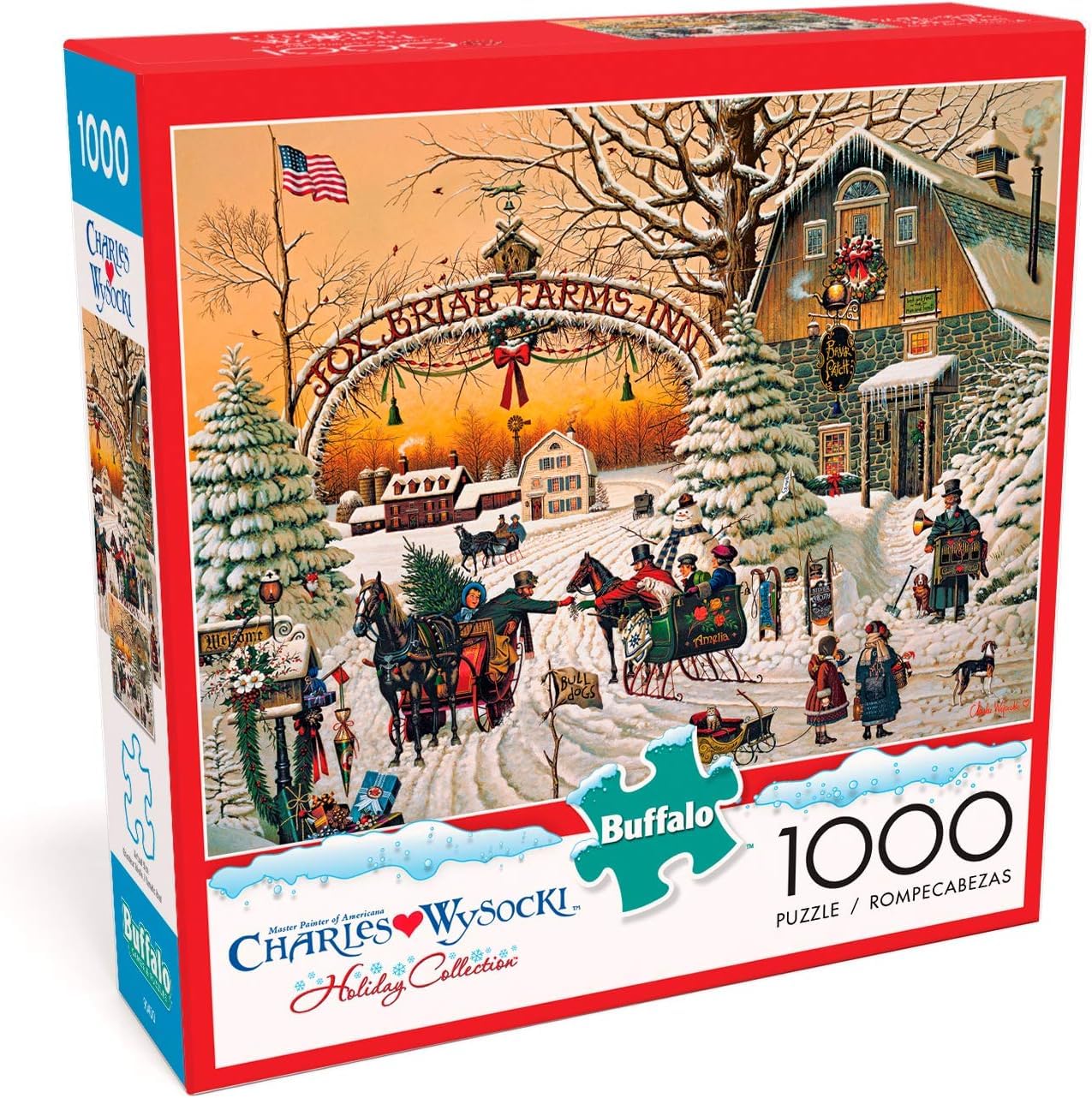 Buffalo Games A Christmas Greeting shows horses and sleighs in a snowy winter scene for cozy puzzling.