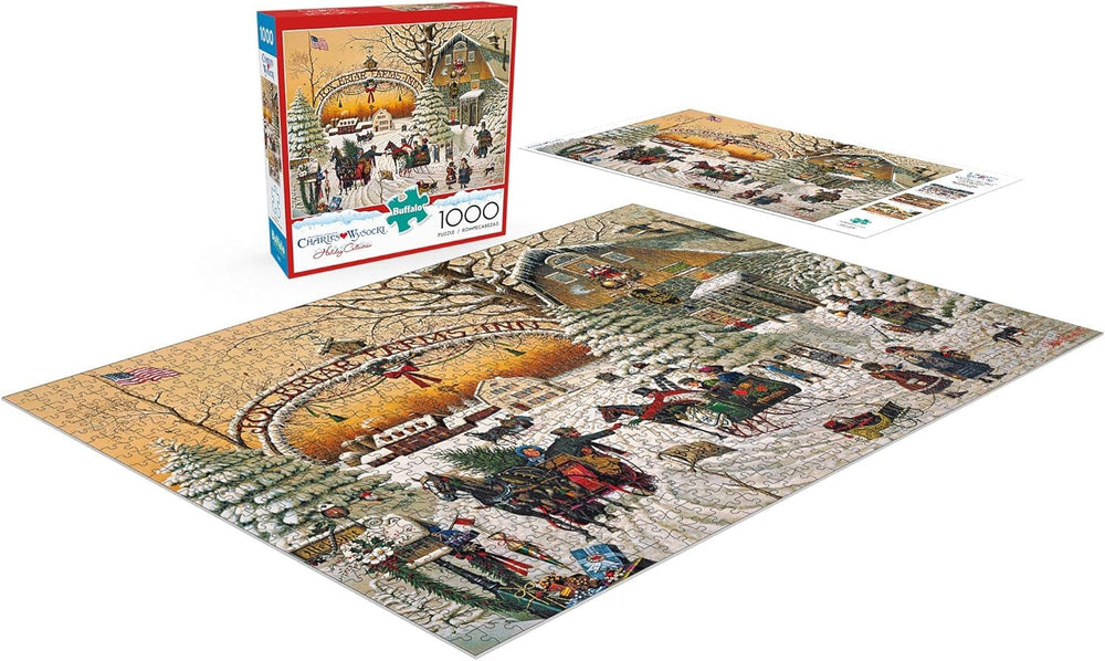 Buffalo Games A Christmas Greeting wreaths and bows embellish a festive, inviting puzzle scene.