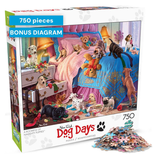 Buffalo Games A Roomful of Naughty Puppies bedroom scene puzzle chaos for relaxing evenings.