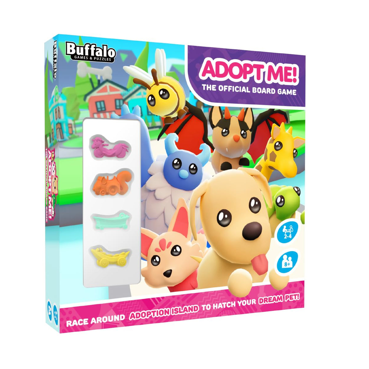 Buffalo Games Adopt Me board game box front with vibrant art for family fun