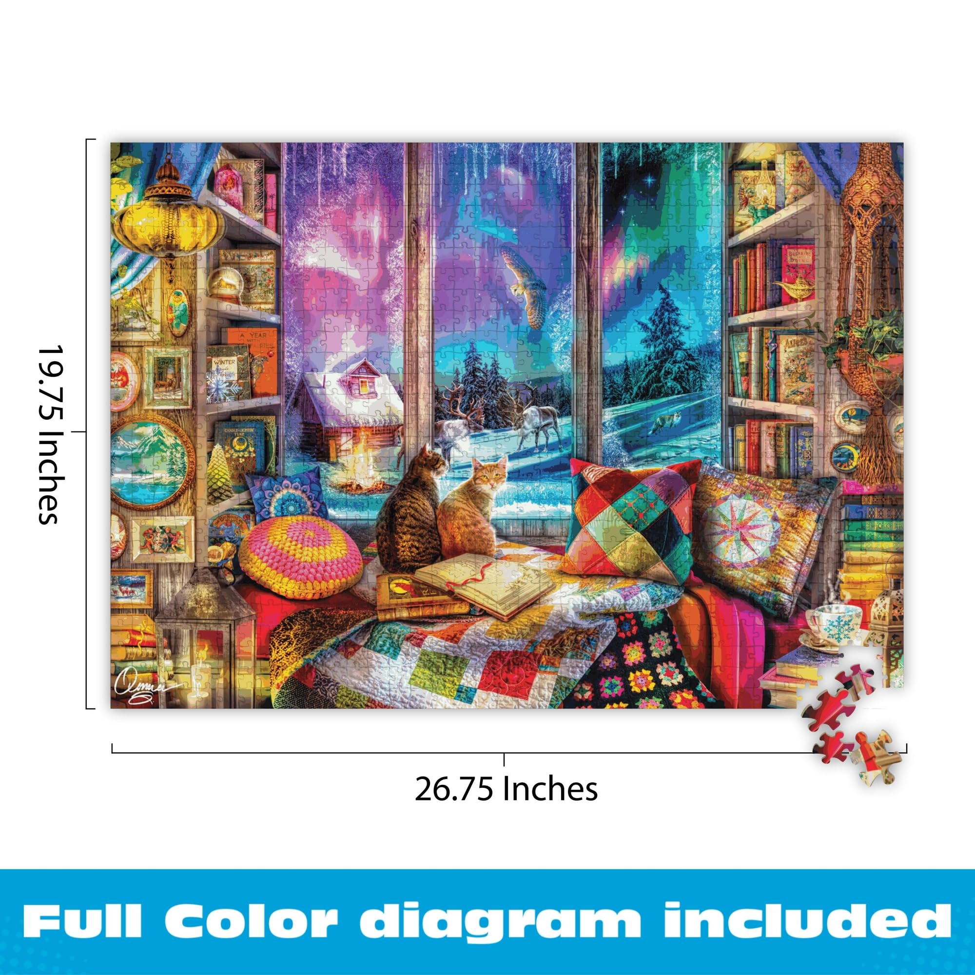 Buffalo Games Aimee Stewart puzzle: book shelves and pillows add rich detail for focused puzzling