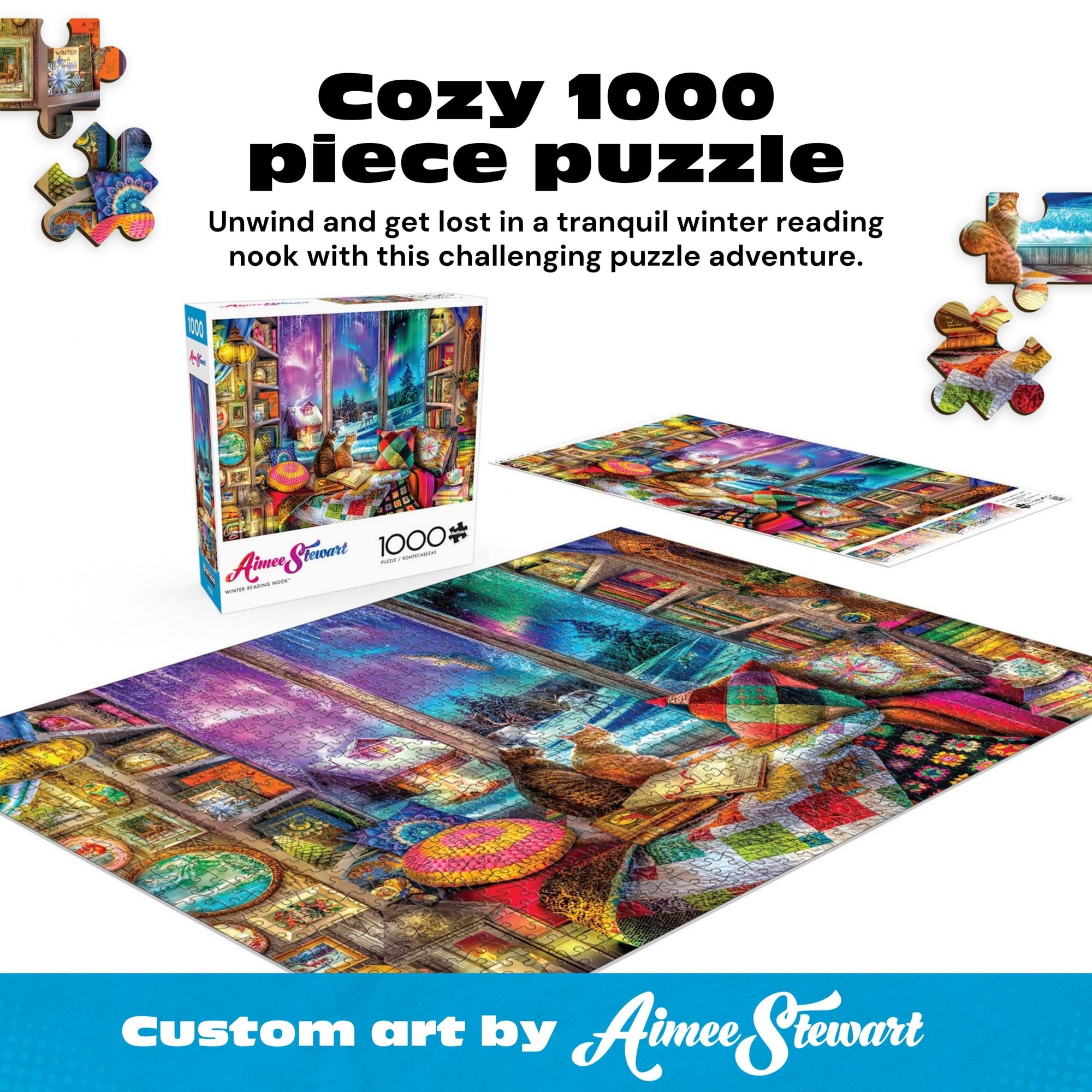 Buffalo Games Aimee Stewart puzzle: glowing lanterns and quilts evoke cozy winter vibes