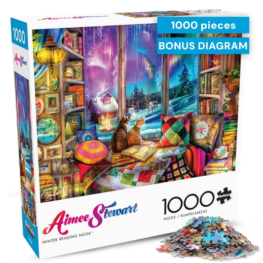 Buffalo Games Aimee Stewart puzzle: northern lights cats reading nook scene for relaxing evenings