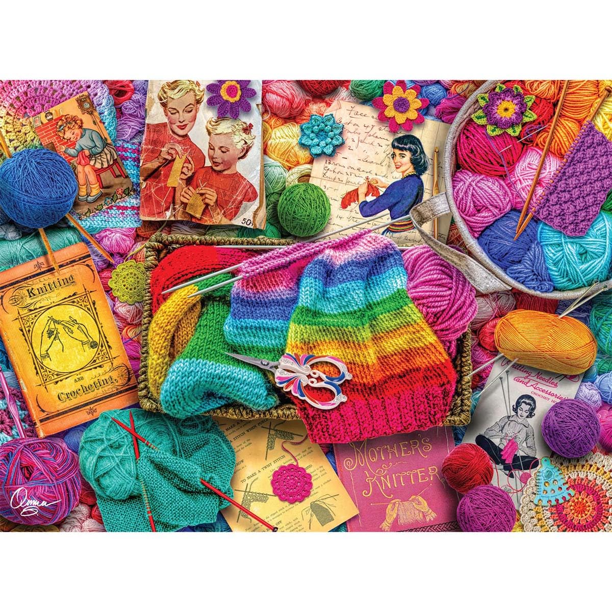 Buffalo Games Aimee Stewart Vintage Knitting puzzle enhances game nights with rich artwork.