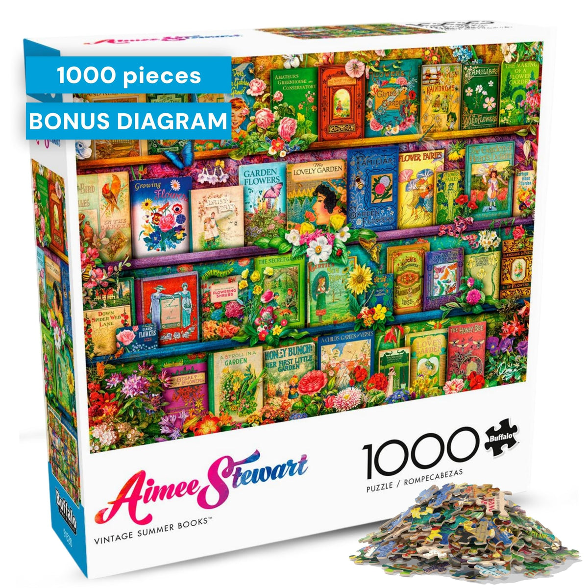 Buffalo Games Aimee Stewart puzzle cover with vintage books and bright florals for relaxing puzzling
