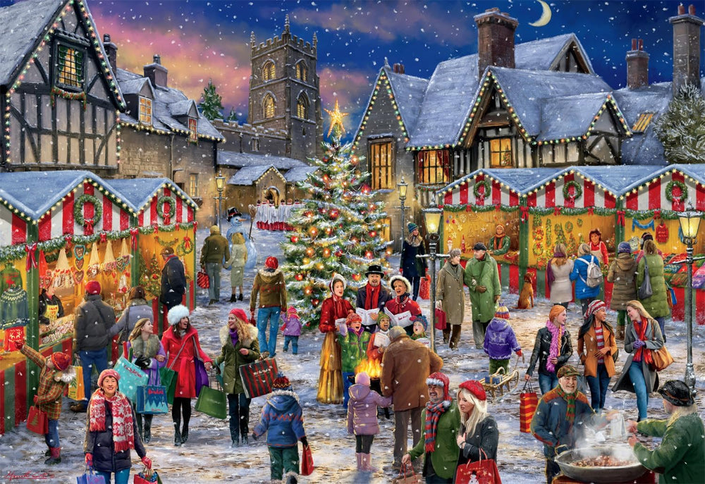 Buffalo Games Winter Village Festival scene showing carolers in the square to encourage mindful focus while puzzling.