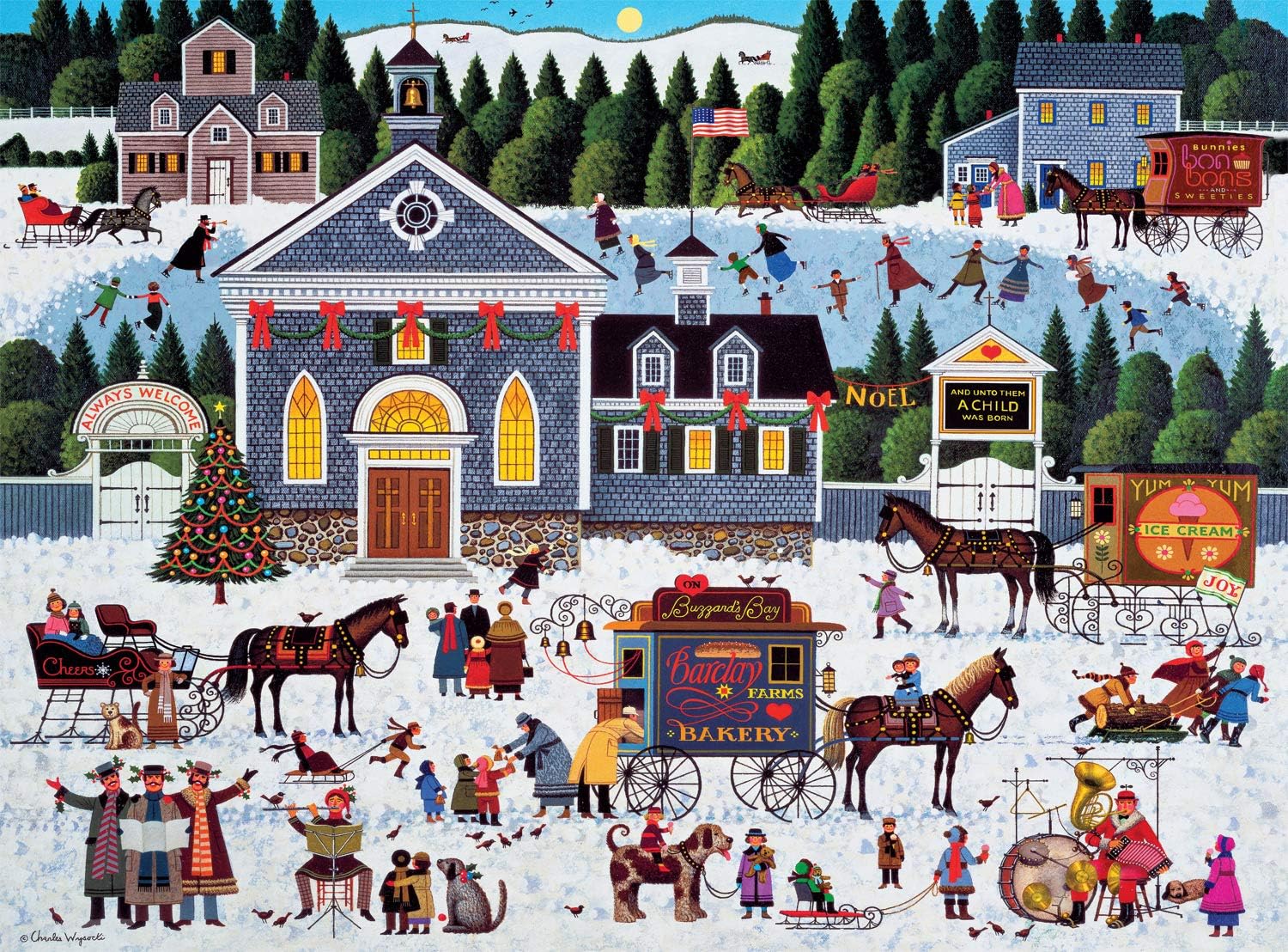 Buffalo Games Charles Wysocki Churchyard Christmas art detail boosts relaxing focus.