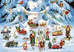 Buffalo Games Jingle Bell Teddy pieces spread for focused puzzling.