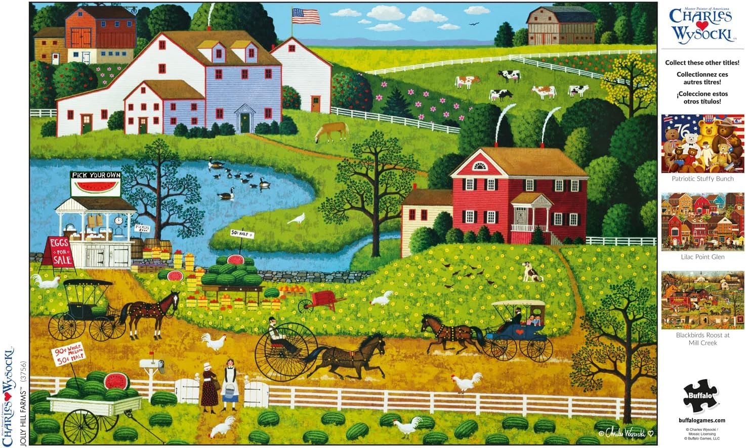 Buffalo Games Charles Wysocki Jolly Hill Farms vibrant farm scene inspires relaxed puzzling