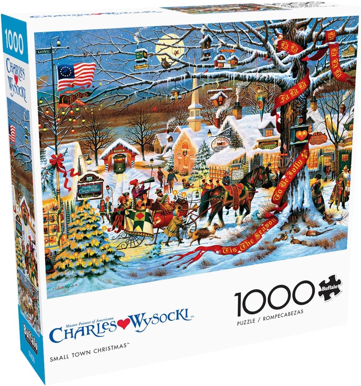 Buffalo Games Charles Wysocki Small Town Christmas puzzle cover, ideal for family holiday nights.