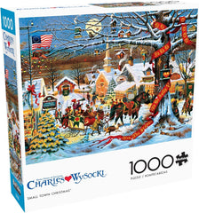 Buffalo Games Charles Wysocki Small Town Christmas puzzle cover, ideal for family holiday nights.