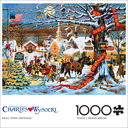 Buffalo Games Charles Wysocki Small Town puzzle pieces showing interlocking detail.