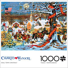 Buffalo Games Charles Wysocki Small Town puzzle pieces showing interlocking detail.