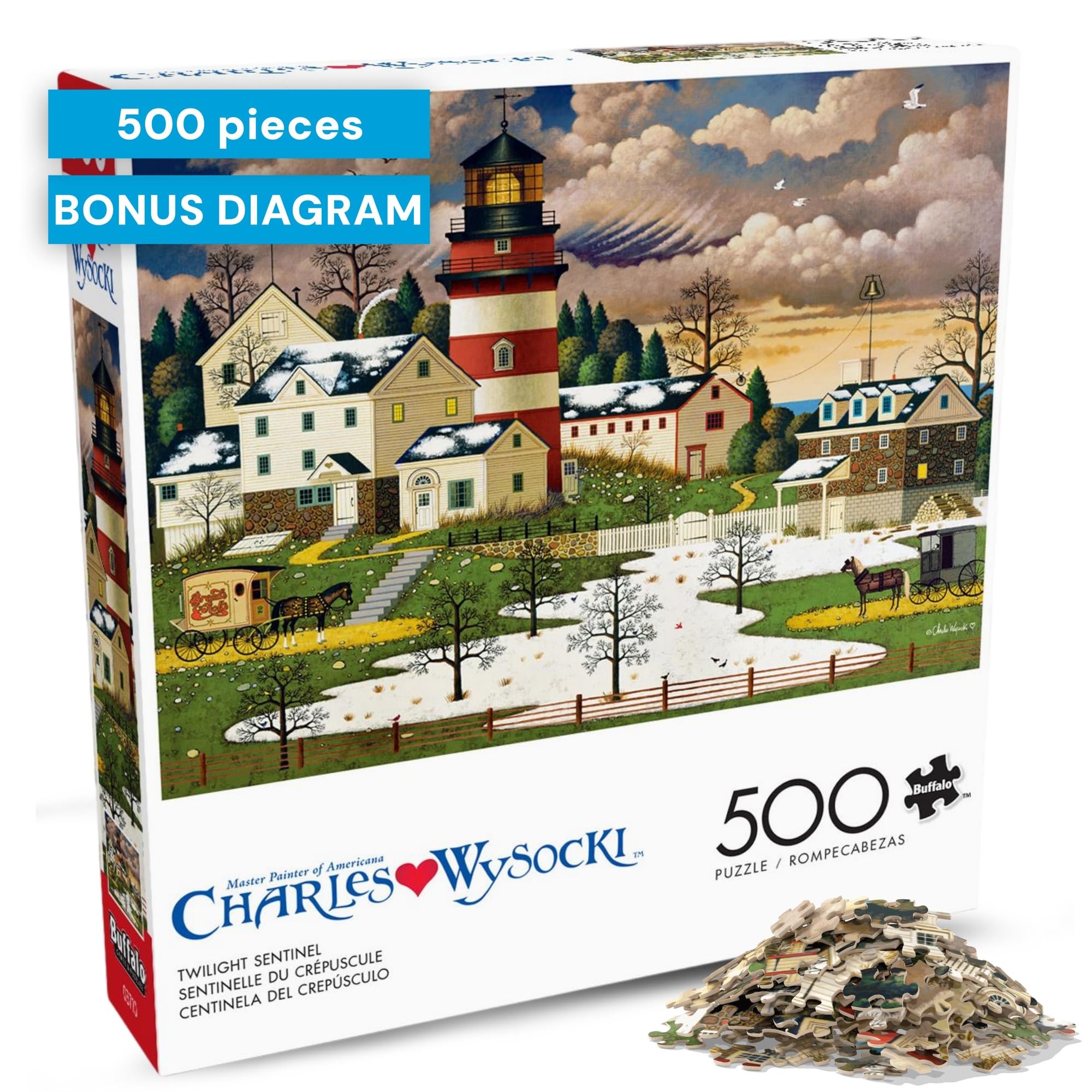 Buffalo Games Charles Wysocki Twilight Sentinel: lighthouse at dusk, a calming puzzle experience
