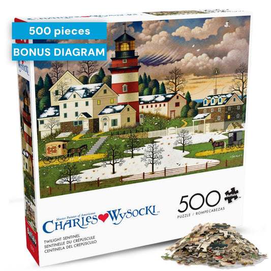 Buffalo Games Charles Wysocki Twilight Sentinel: lighthouse at dusk, a calming puzzle experience