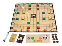 Buffalo Games Chickapig pieces spread across the table, durable wooden components.