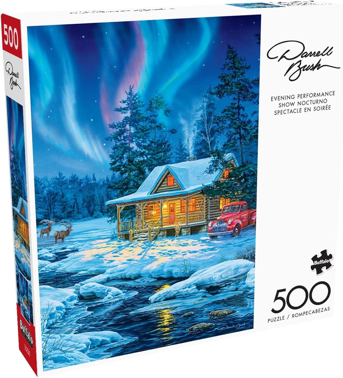 Buffalo Games Darrell Bush winter cabin puzzle, a vivid scene for cozy family puzzle night