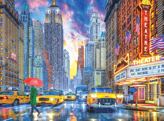 Buffalo Games Rainy Manhattan puzzle pieces in vibrant colors for focus
