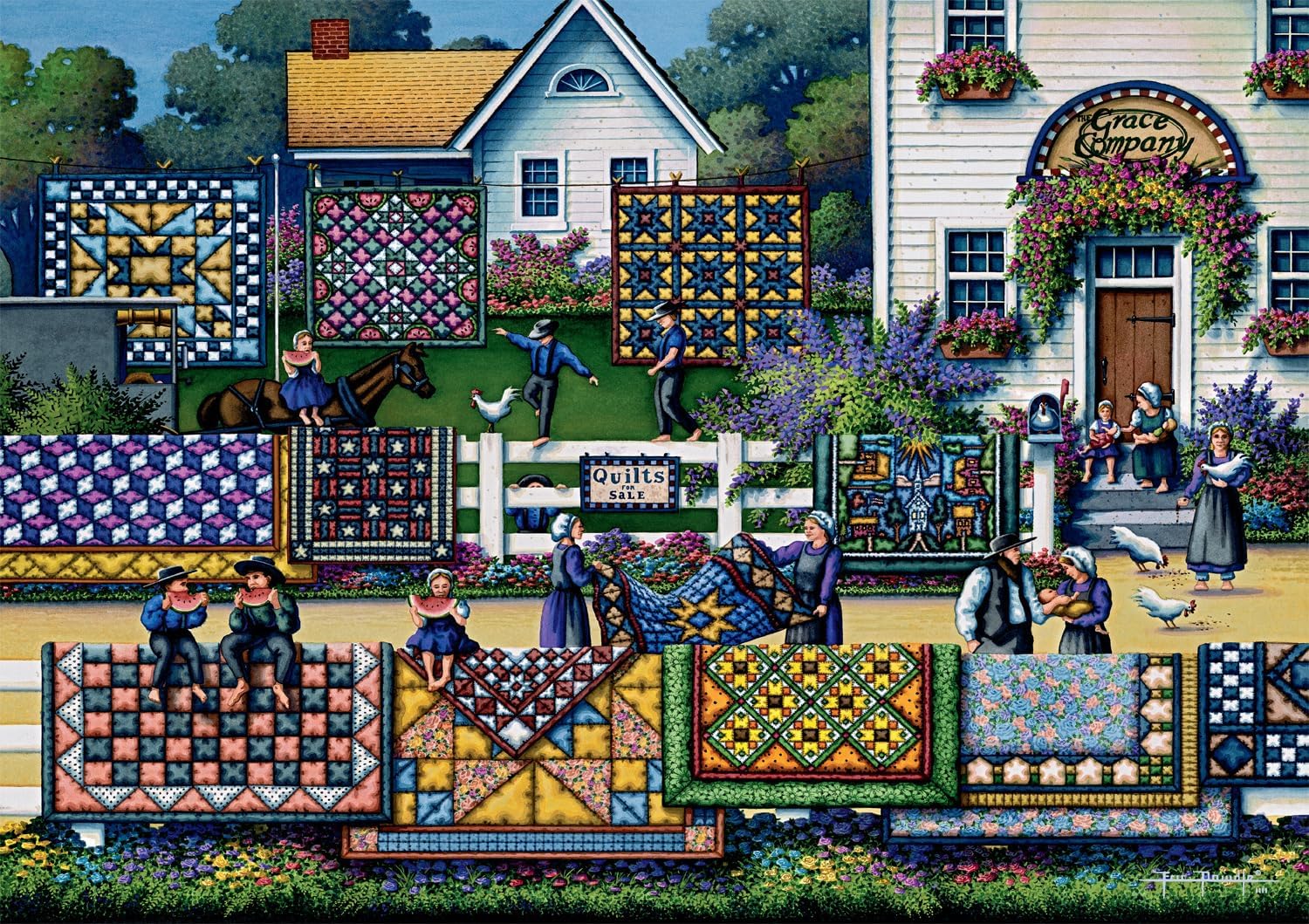 Dowdle Amish Quilts pieces on table invite focused, relaxing puzzle play.