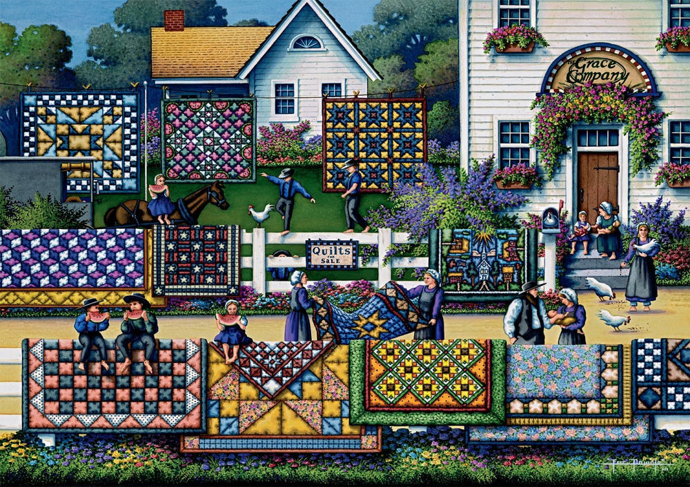 Dowdle Amish Quilts pieces on table invite focused, relaxing puzzle play.