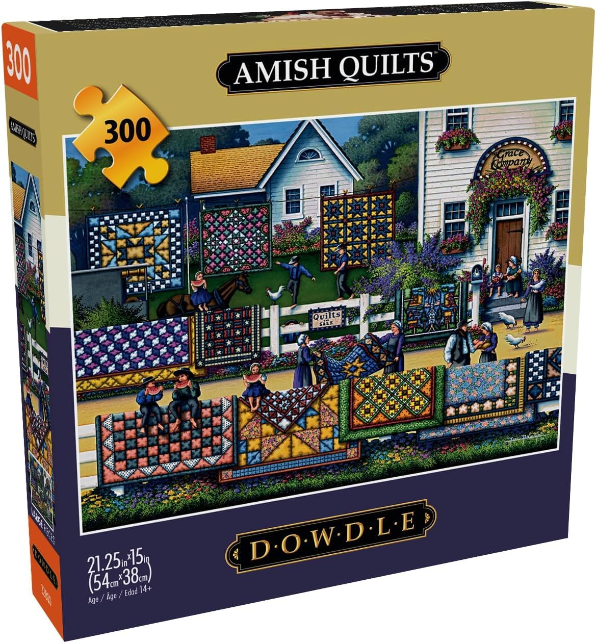 Buffalo Games Dowdle Amish Quilts puzzle cover featuring vibrant artwork for adults.