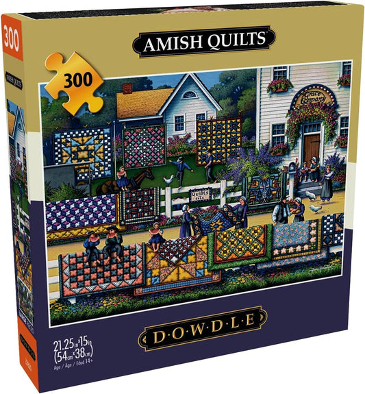 Buffalo Games Dowdle Amish Quilts puzzle cover featuring vibrant artwork for adults.
