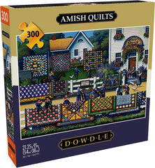 Buffalo Games Dowdle Amish Quilts puzzle cover featuring vibrant artwork for adults.