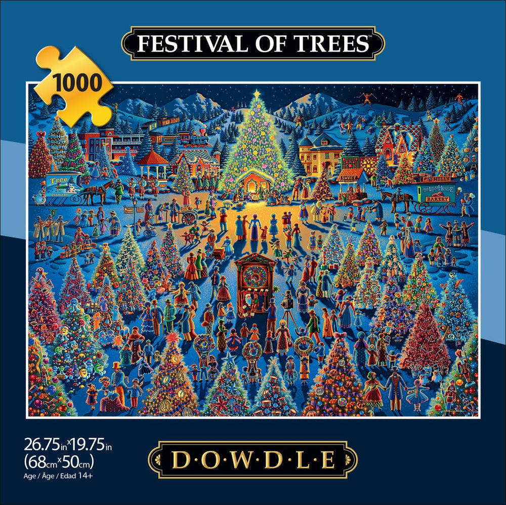 Dowdle Festival of Trees artwork showing glittering trees in a snowy town