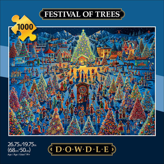 Dowdle Festival of Trees artwork showing glittering trees in a snowy town