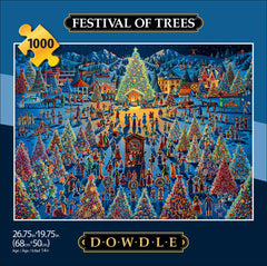 Dowdle Festival of Trees artwork showing glittering trees in a snowy town