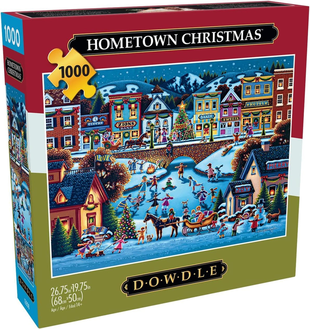 Buffalo Games Dowdle Hometown Christmas cover art invites joyful puzzling sessions with vibrant holiday scenery.