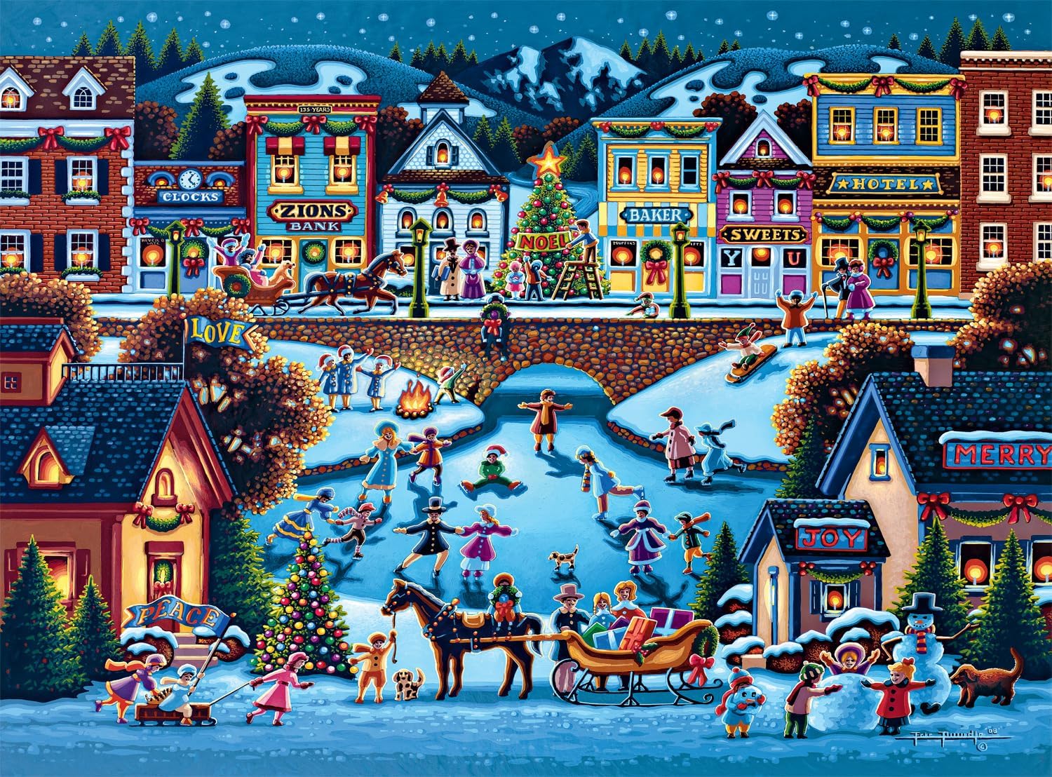 Buffalo Games Dowdle Hometown Christmas pieces show precision cut interlocking design for secure fit.