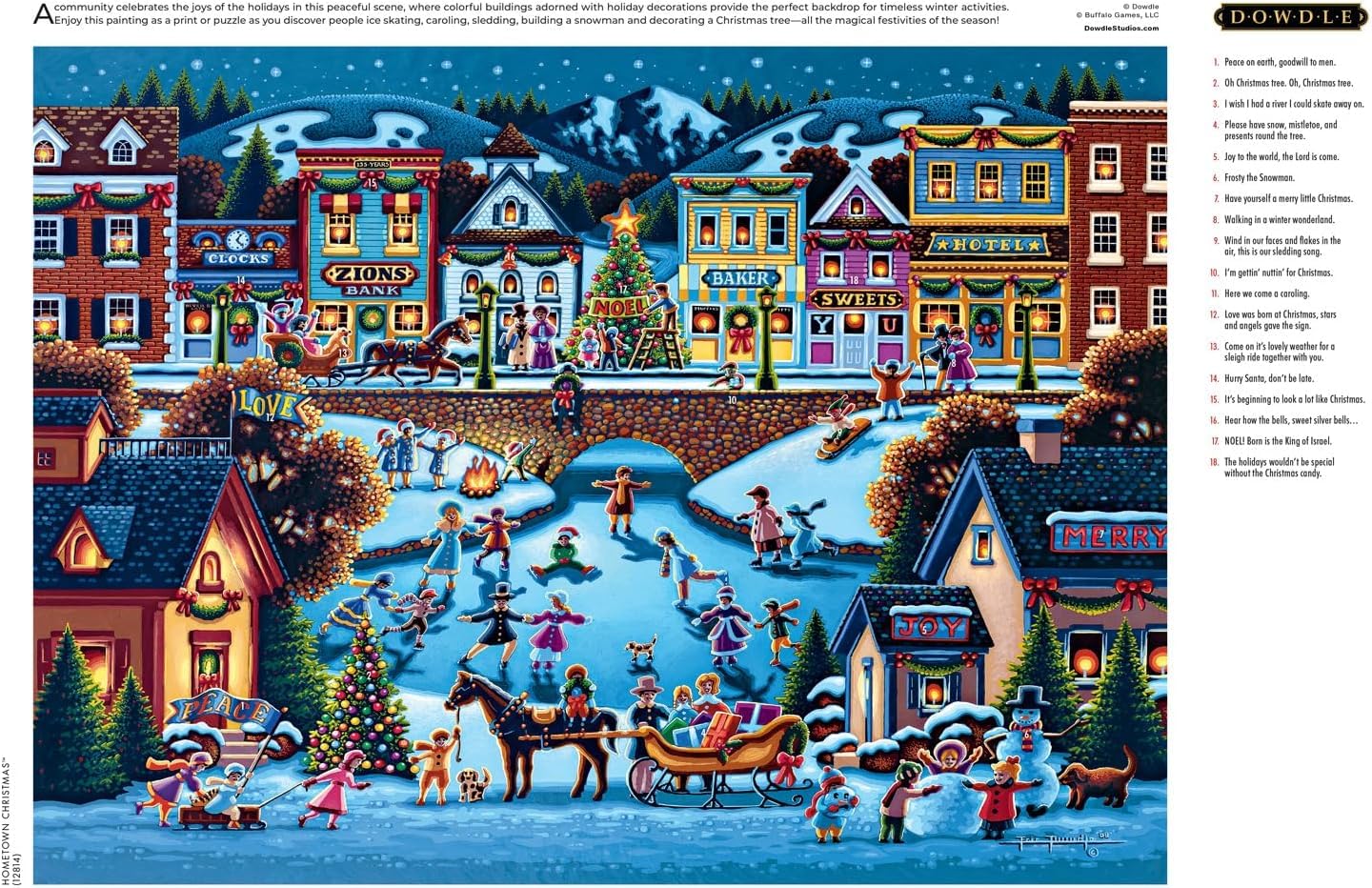 Buffalo Games Dowdle Hometown Christmas poster helps reference the finished image during assembly.