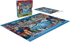 Buffalo Games Dowdle Hometown Christmas sleigh ride scene inspires festive family puzzling.