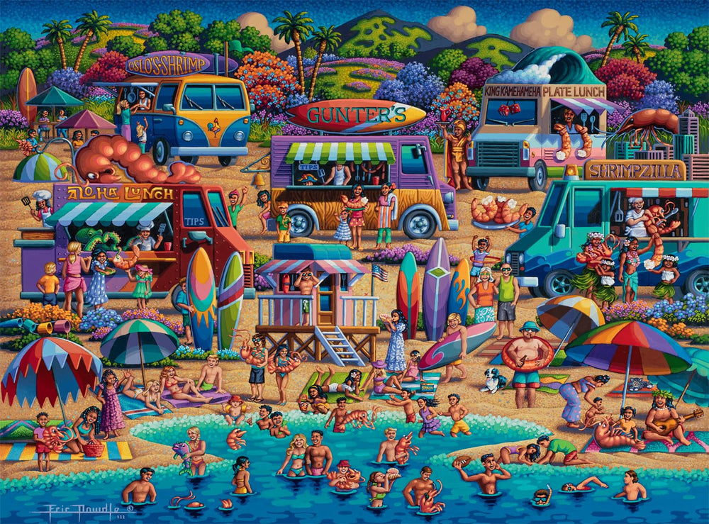 Buffalo Games Dowdle Shrimp Trucks puzzle cover showcases vibrant Hawaii roadside art for a challenging session.
