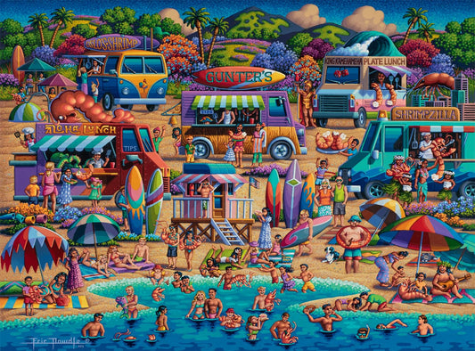 Buffalo Games Dowdle Shrimp Trucks puzzle cover showcases vibrant Hawaii roadside art for a challenging session.